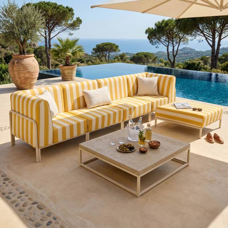 Divano modulare da esterno a righe 5 posti con 2 poltrone, 2 poltrone angolari e 1 pouf