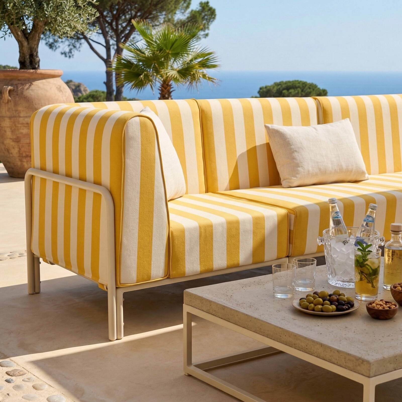 Divano modulare da esterno a righe 5 posti con 2 poltrone, 2 poltrone angolari e 1 pouf