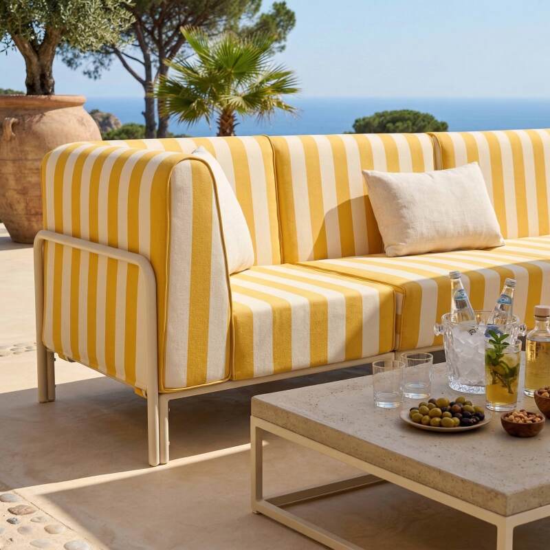 Divano modulare da esterno a righe 5 posti con 2 poltrone, 2 poltrone angolari e 1 pouf (2/7)