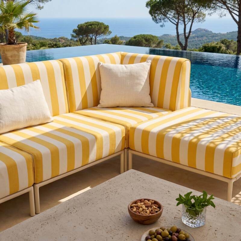 Divano modulare da esterno a righe 5 posti con 2 poltrone, 2 poltrone angolari e 1 pouf (3/7)