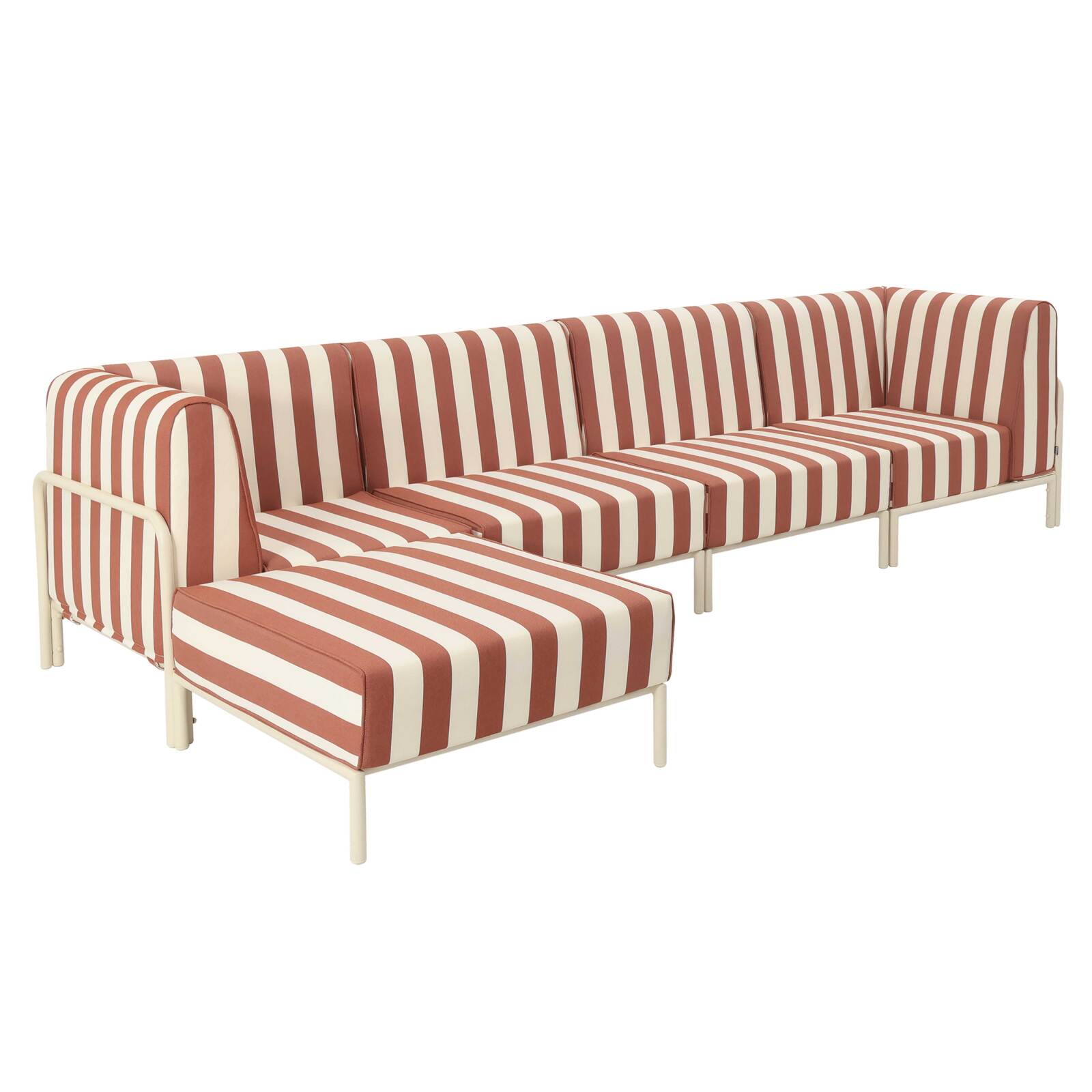 Divano modulare da esterno a righe 5 posti con 2 poltrone, 2 poltrone angolari e 1 pouf