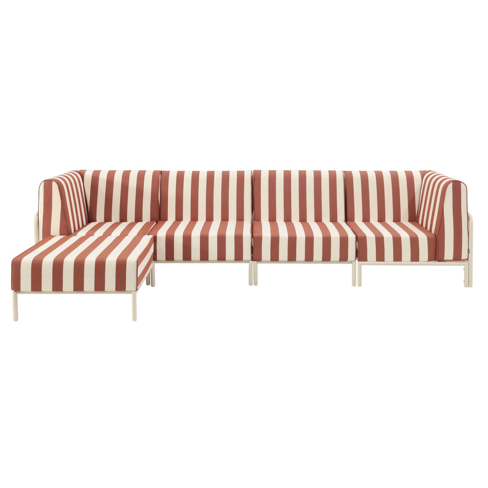 Divano modulare da esterno a righe 5 posti con 2 poltrone, 2 poltrone angolari e 1 pouf