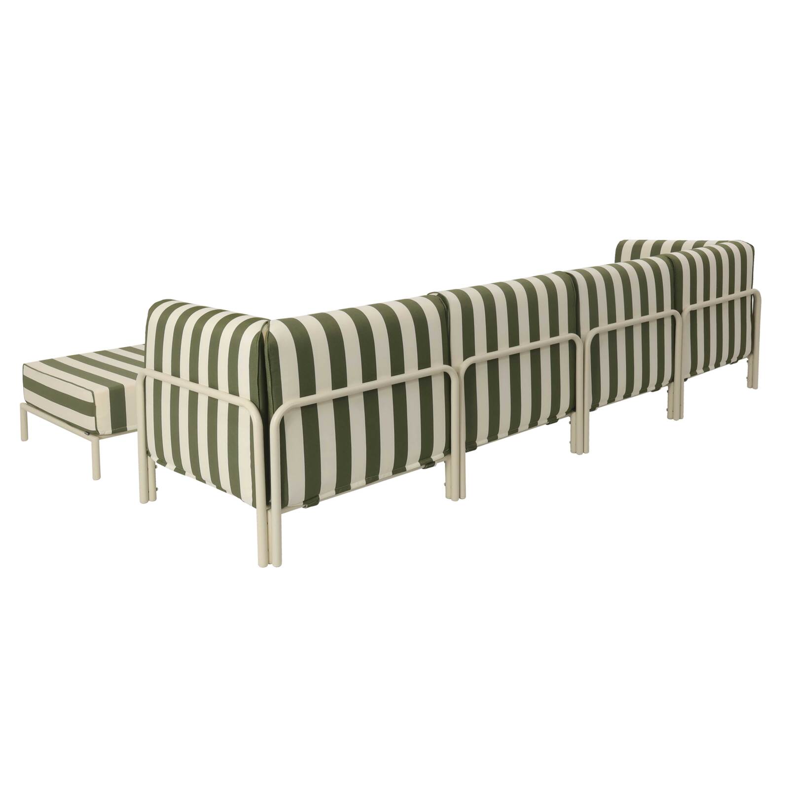 Divano modulare da esterno a righe 5 posti con 2 poltrone, 2 poltrone angolari e 1 pouf