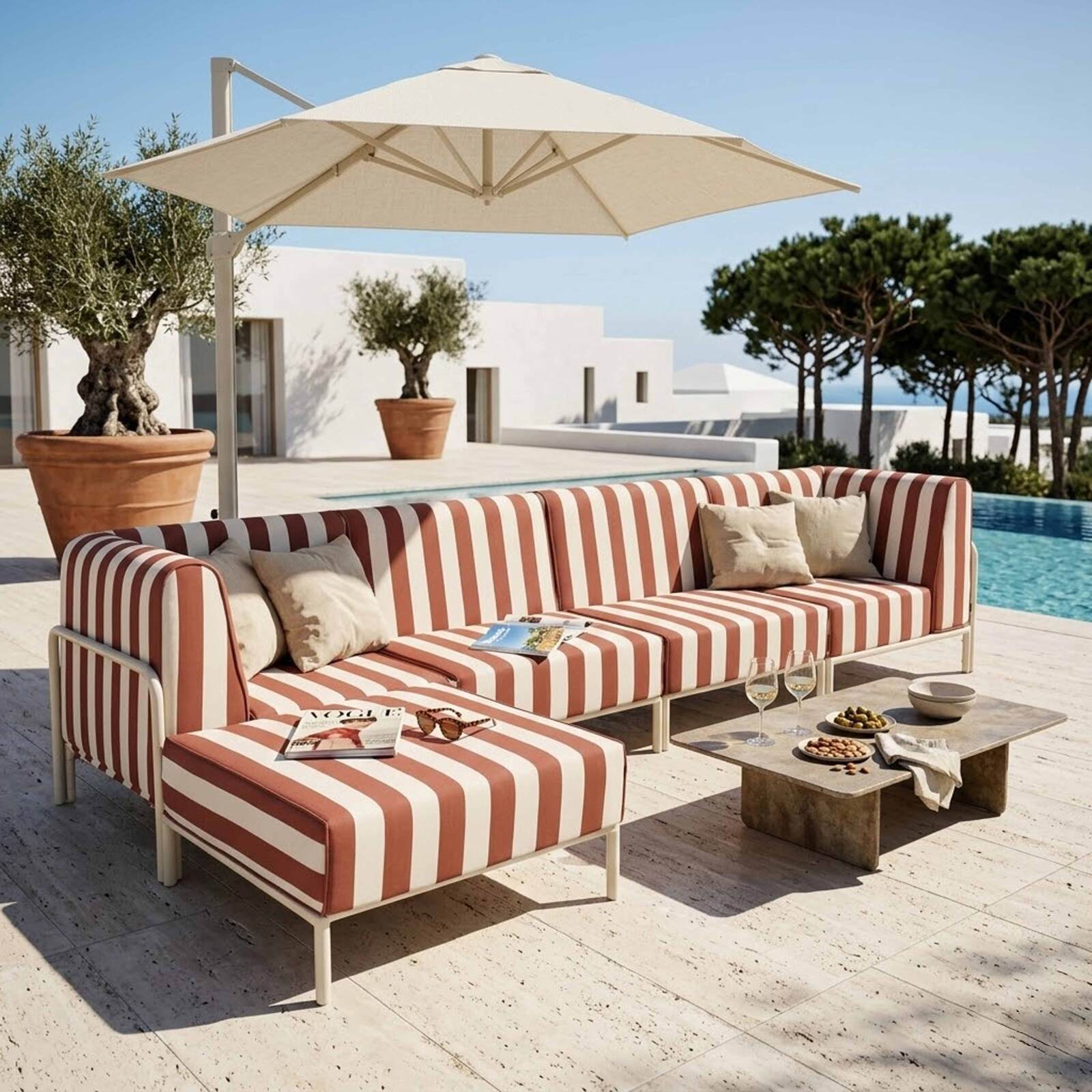 Divano modulare da esterno a righe 5 posti con 2 poltrone, 2 poltrone angolari e 1 pouf