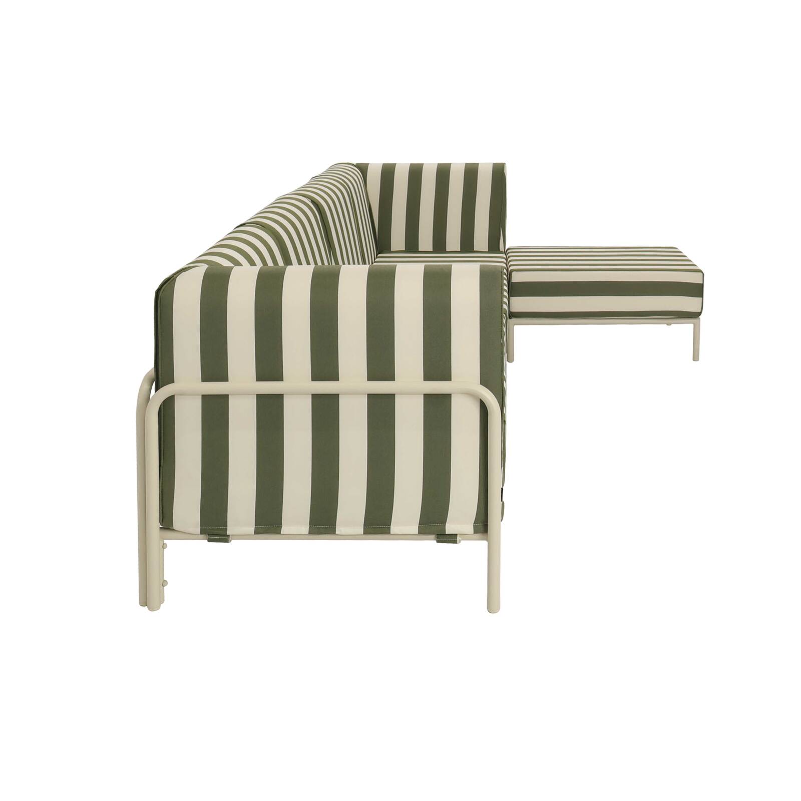 Divano modulare da esterno a righe 5 posti con 2 poltrone, 2 poltrone angolari e 1 pouf