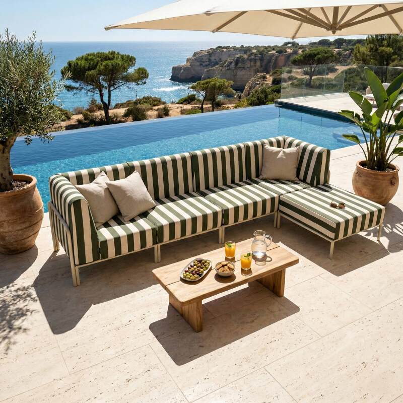 Divano modulare da esterno a righe 5 posti con 2 poltrone, 2 poltrone angolari e 1 pouf