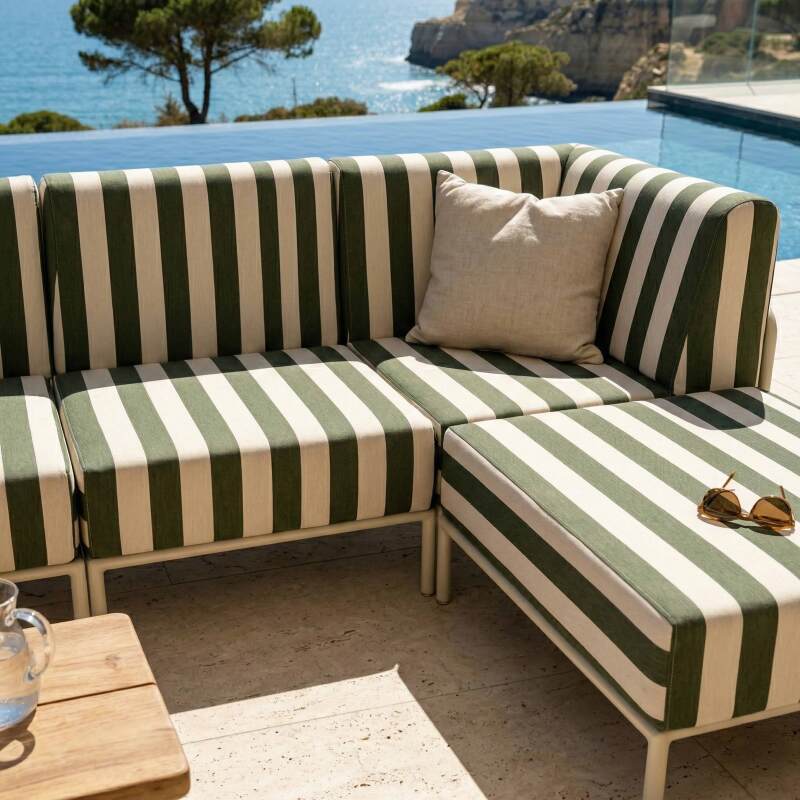 Divano modulare da esterno a righe 5 posti con 2 poltrone, 2 poltrone angolari e 1 pouf (3/8)
