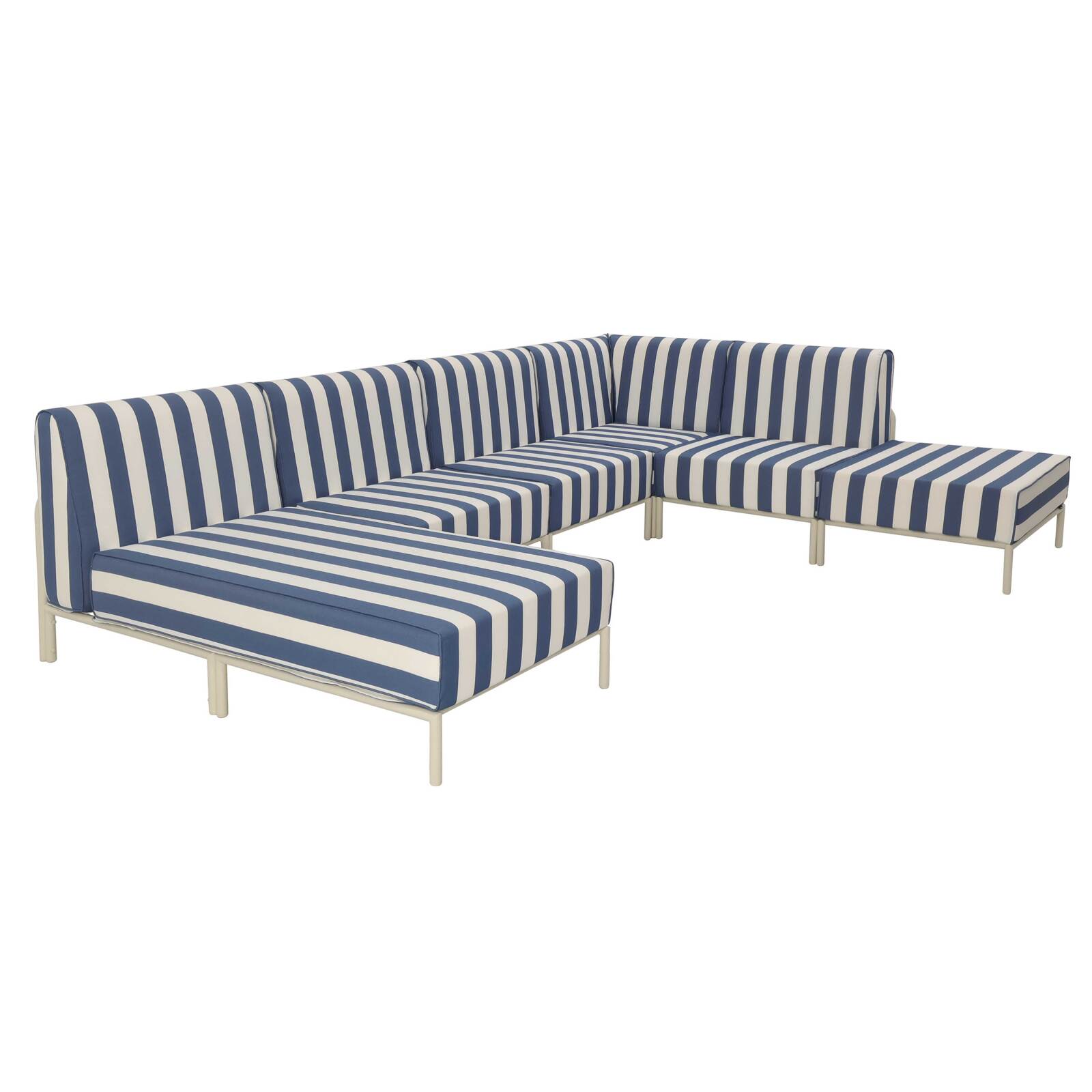 Divano modulare da esterno a righe 6 posti con 3 poltrone, 1 poltrona angolare, 1 chaise longue e 1 pouf