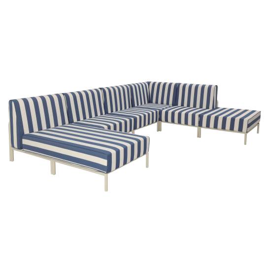 Divano modulare da esterno a righe in alluminio 6 posti con 3 poltrone, 1 poltrona angolare, 1 chaise longue e 1 pouf | Oviala