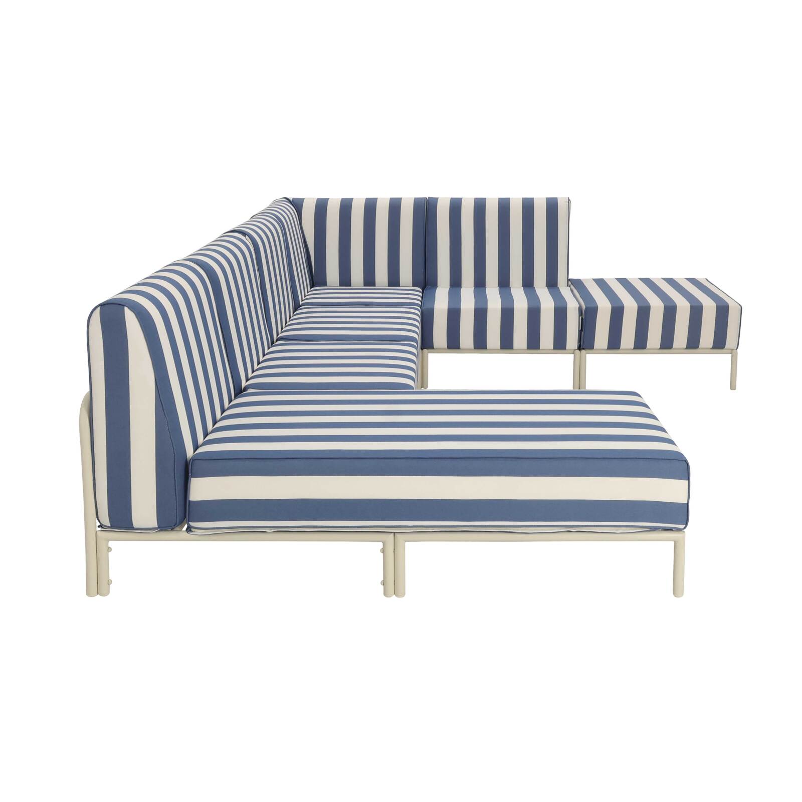 Divano modulare da esterno a righe 6 posti con 3 poltrone, 1 poltrona angolare, 1 chaise longue e 1 pouf