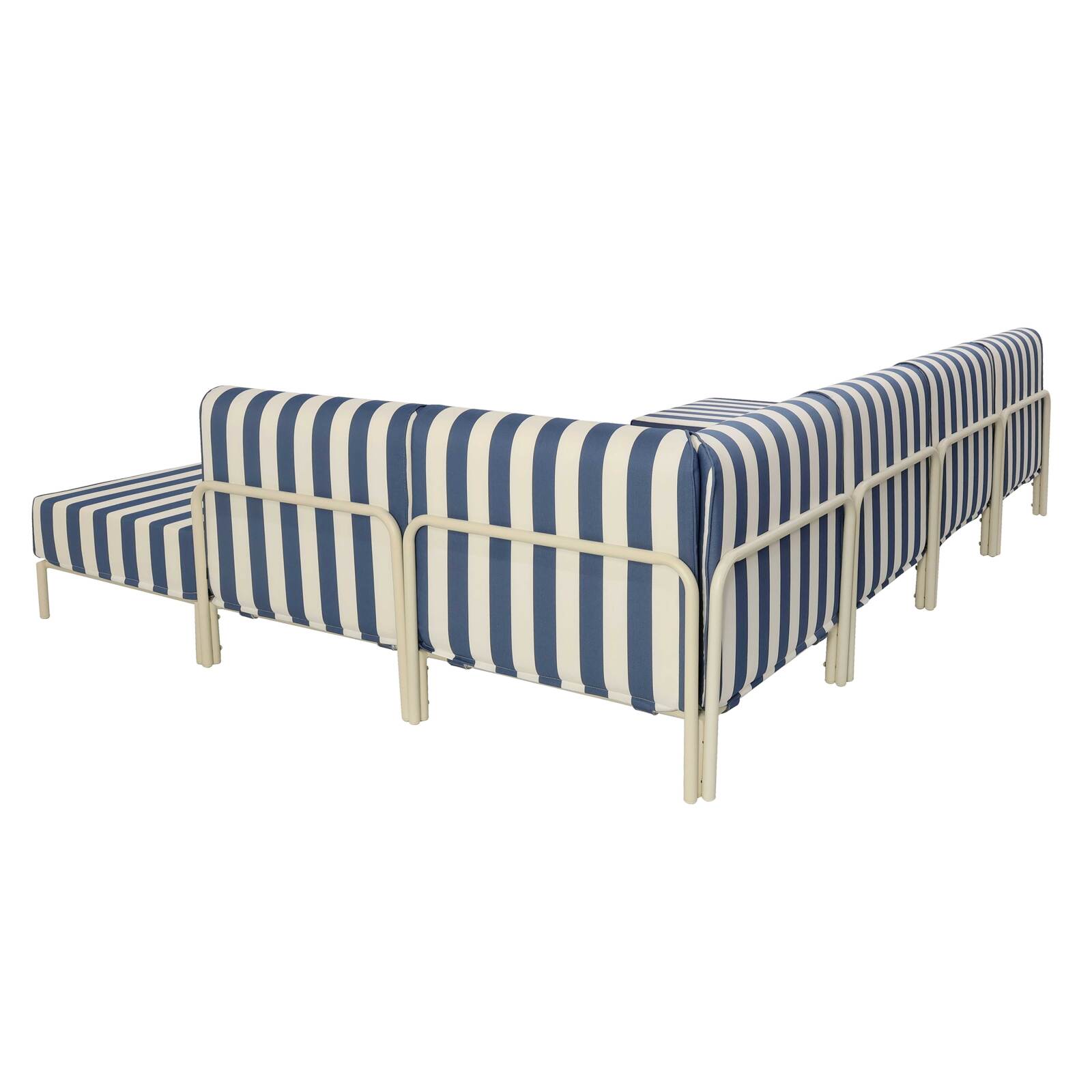 Divano modulare da esterno a righe 6 posti con 3 poltrone, 1 poltrona angolare, 1 chaise longue e 1 pouf