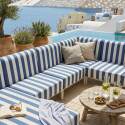 Divano modulare da esterno a righe 6 posti con 3 poltrone, 1 poltrona angolare, 1 chaise longue e 1 pouf