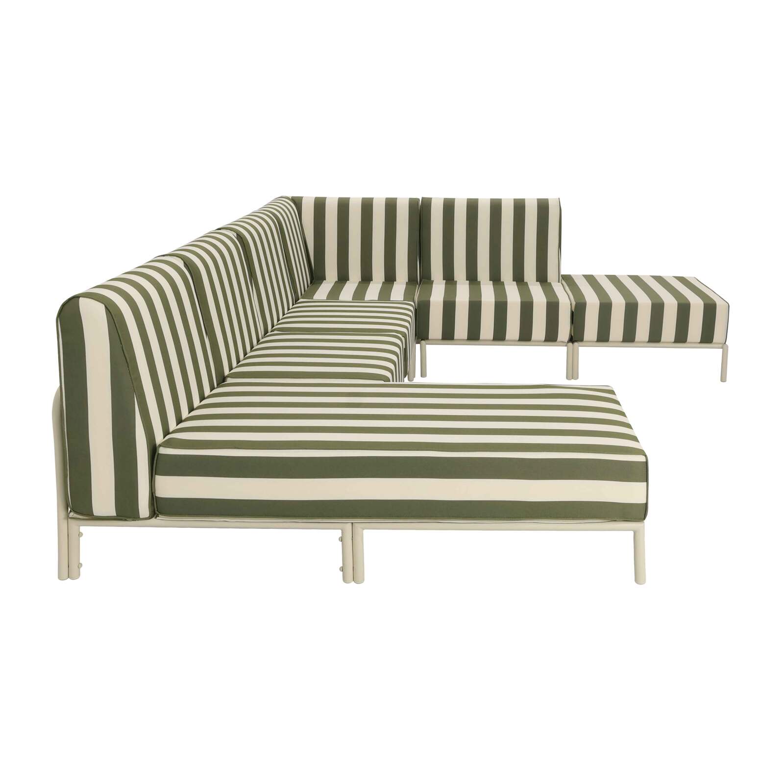Divano modulare da esterno a righe 6 posti con 3 poltrone, 1 poltrona angolare, 1 chaise longue e 1 pouf