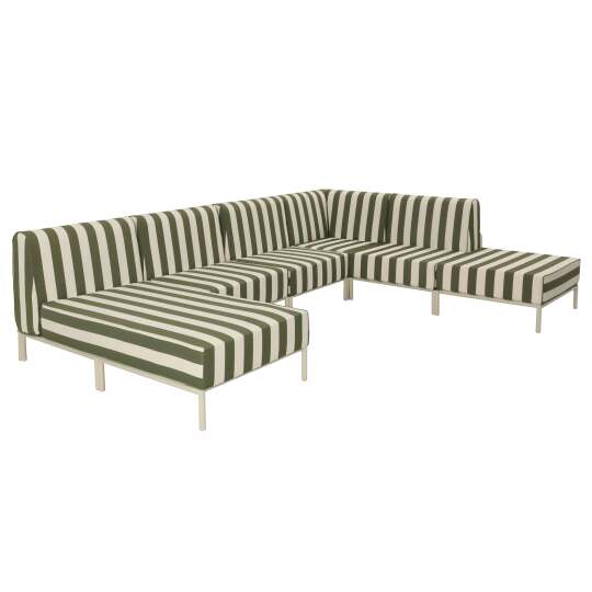 Divano modulare da esterno a righe in alluminio 6 posti con 3 poltrone, 1 poltrona angolare, 1 chaise longue e 1 pouf | Oviala