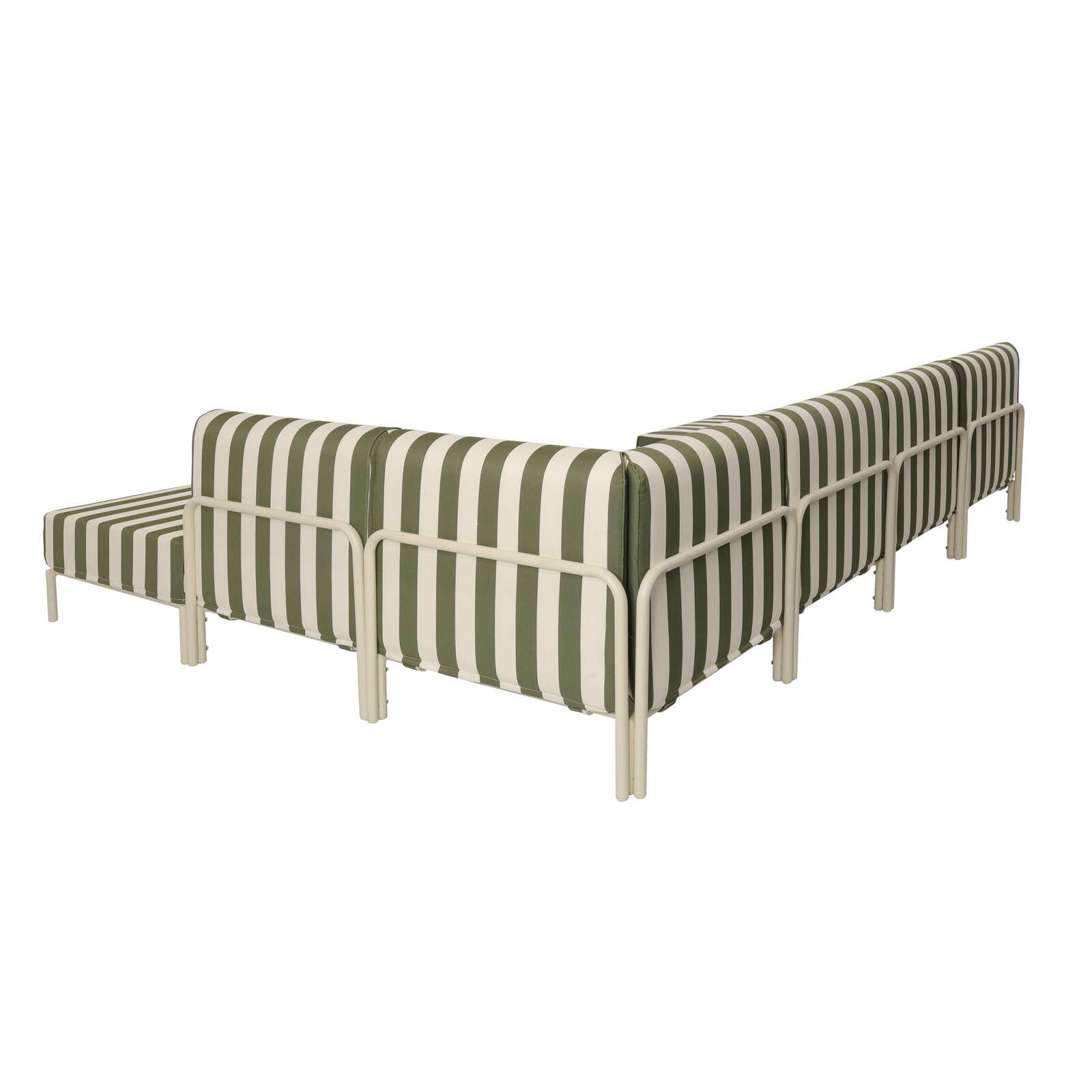 Divano modulare da esterno a righe 6 posti con 3 poltrone, 1 poltrona angolare, 1 chaise longue e 1 pouf