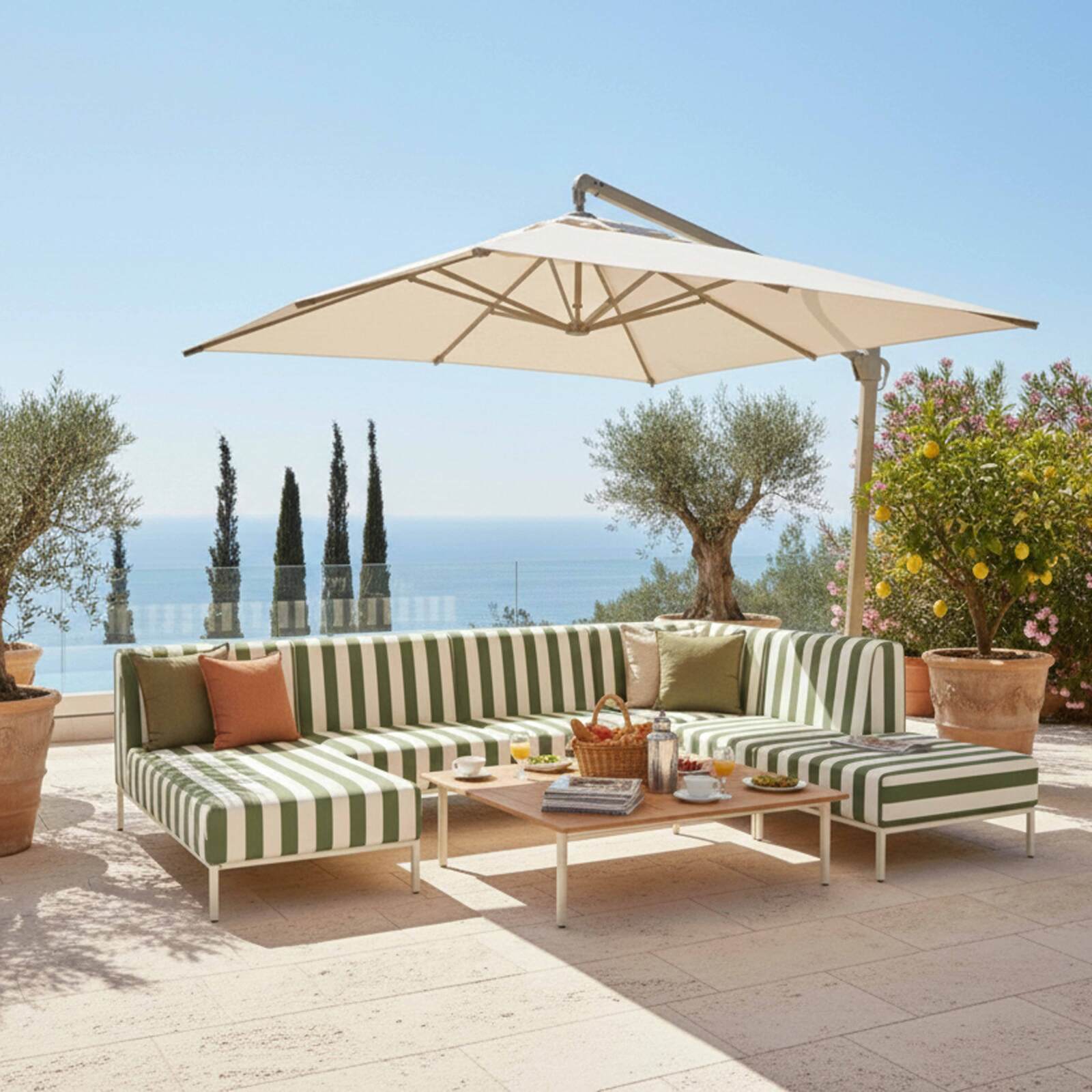 Divano modulare da esterno a righe 6 posti con 3 poltrone, 1 poltrona angolare, 1 chaise longue e 1 pouf