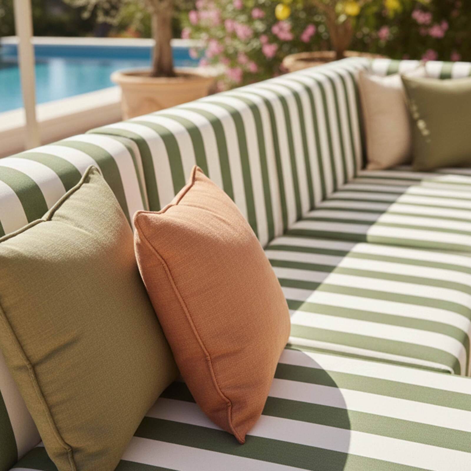 Divano modulare da esterno a righe 6 posti con 3 poltrone, 1 poltrona angolare, 1 chaise longue e 1 pouf