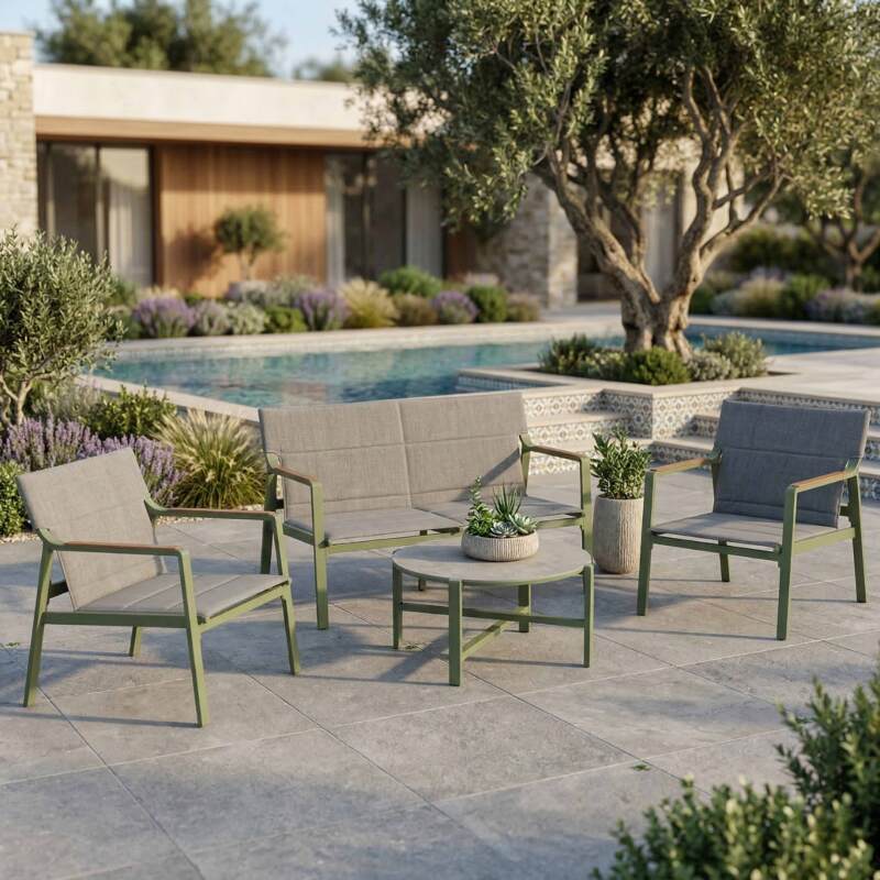 Mobile da giardino in alluminio a 4 posti con 1 divano, 2 poltrone e tavolino