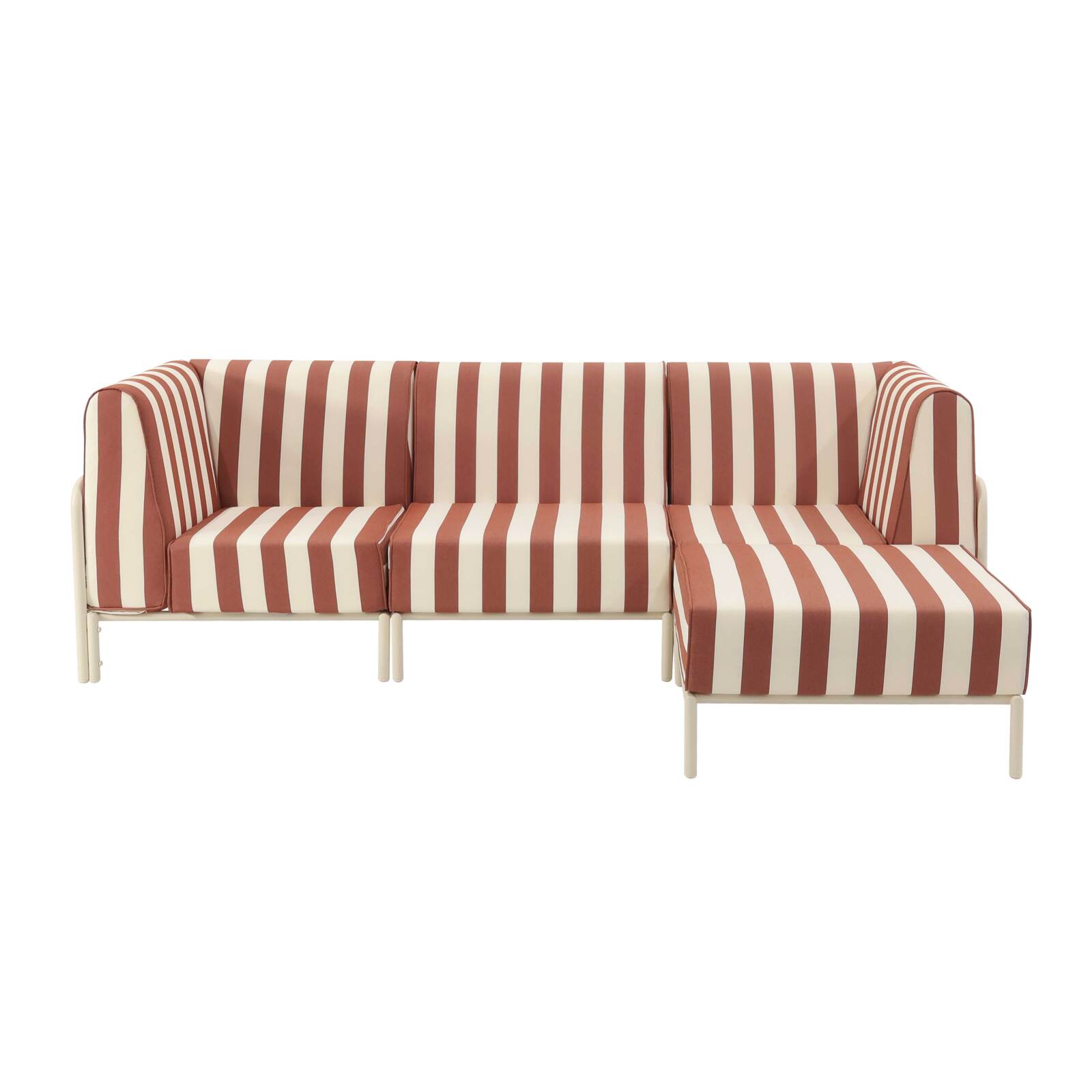 Divano modulare da esterno a righe 4 posti con 1 poltrona, 2 poltrone angolari e 1 pouf