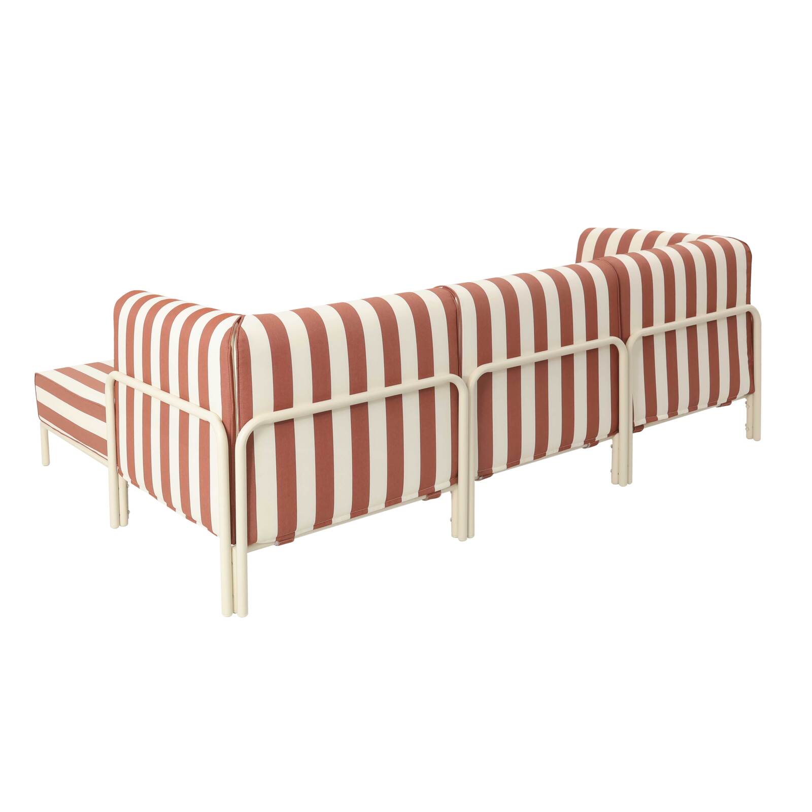Divano modulare da esterno a righe 4 posti con 1 poltrona, 2 poltrone angolari e 1 pouf