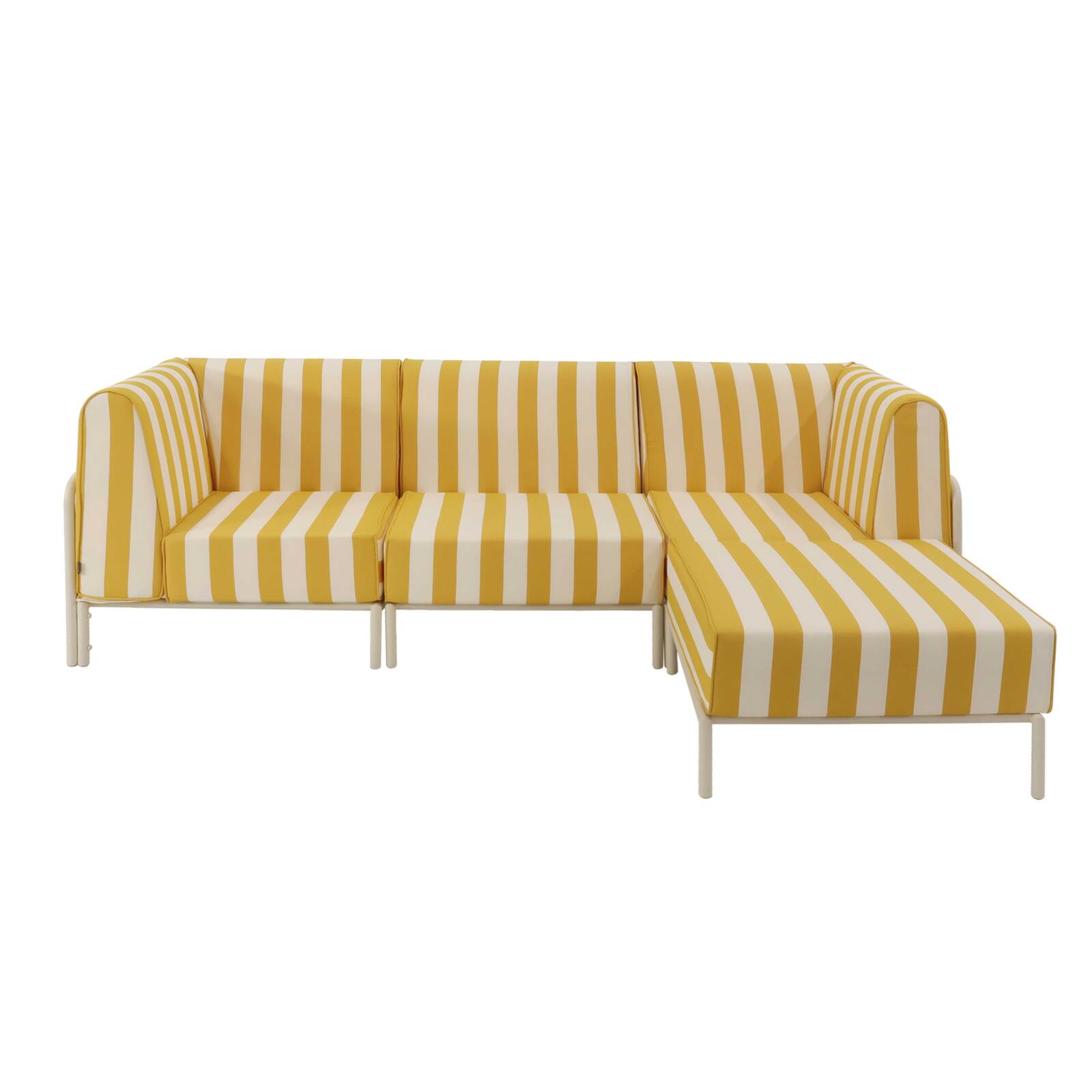 Divano modulare da esterno a righe 4 posti con 1 poltrona, 2 poltrone angolari e 1 pouf