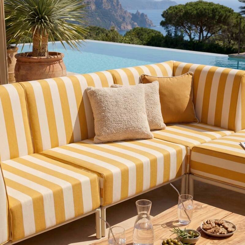 Divano modulare da esterno a righe 4 posti con 1 poltrona, 2 poltrone angolari e 1 pouf (7/8)