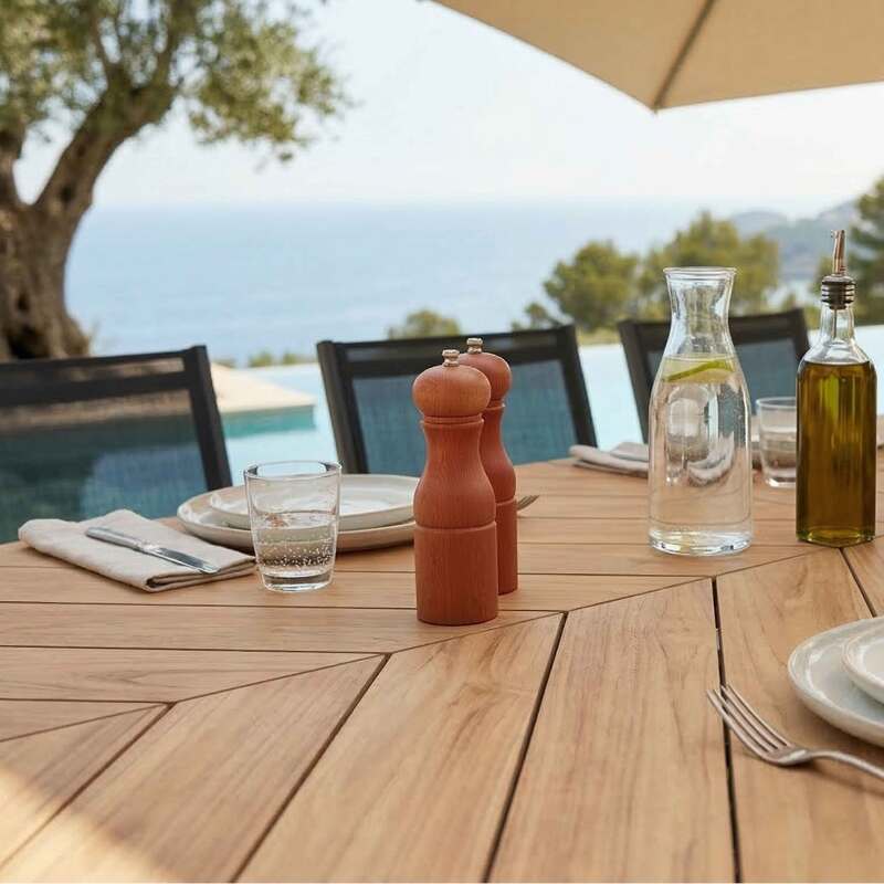 Tavolo da giardino allungabile in polywood e alluminio 220/280x100 cm e 10 sedie in textilene (2/10)