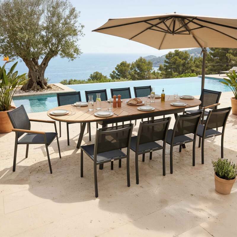 Tavolo da giardino allungabile in polywood e alluminio 220/280x100 cm e 10 sedie in textilene