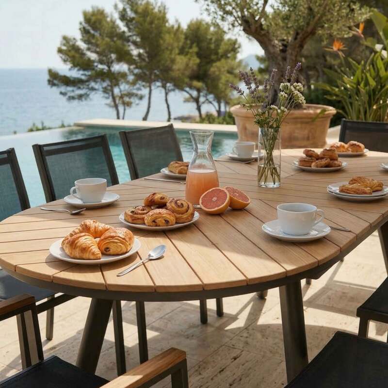 Tavolo da giardino allungabile effetto legno in alluminio e polywood 180/220x100 cm e 8 sedie in textilene (2/9)