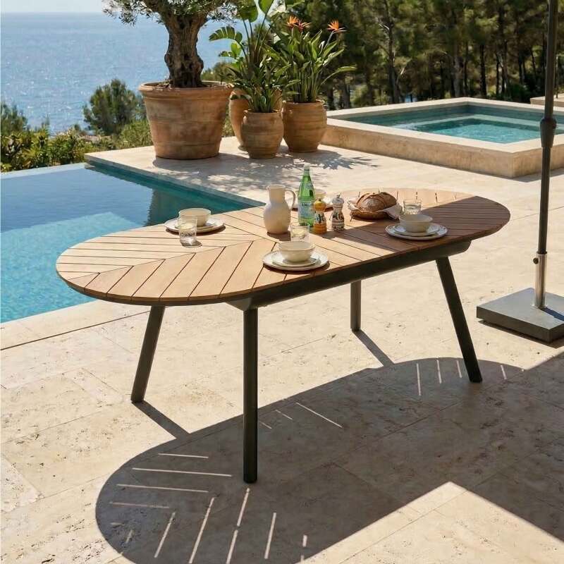 Tavolo da giardino allungabile effetto legno in alluminio e polywood 8 a 10 persone 180/220x100 cm
