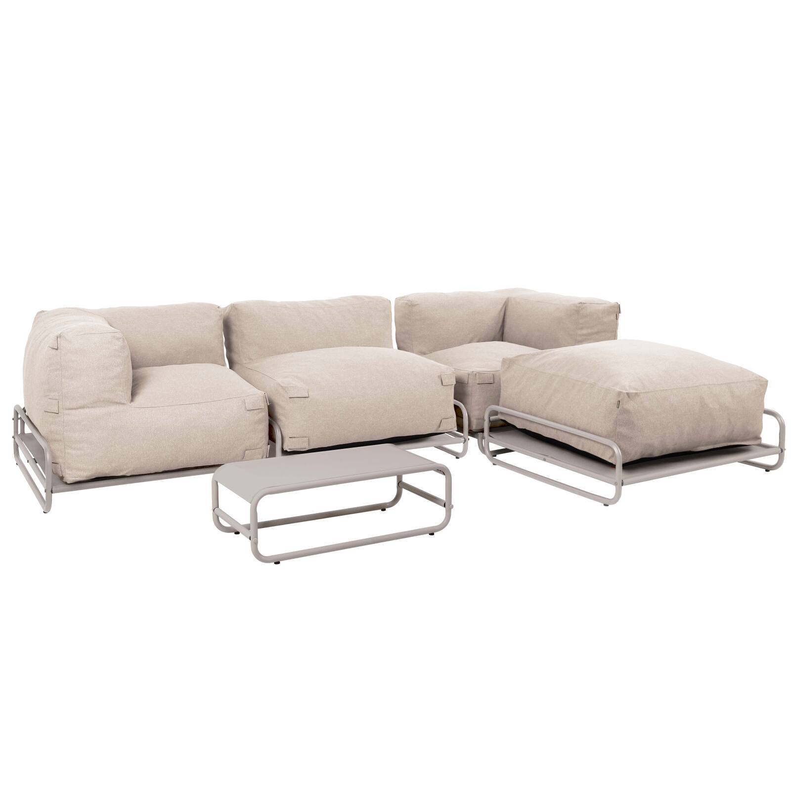 Divano modulare da esterno 4 posti con struttura, 1 poltrona, 2 poltrone angolari, 1 pouf e 1 tavolino piccolo 