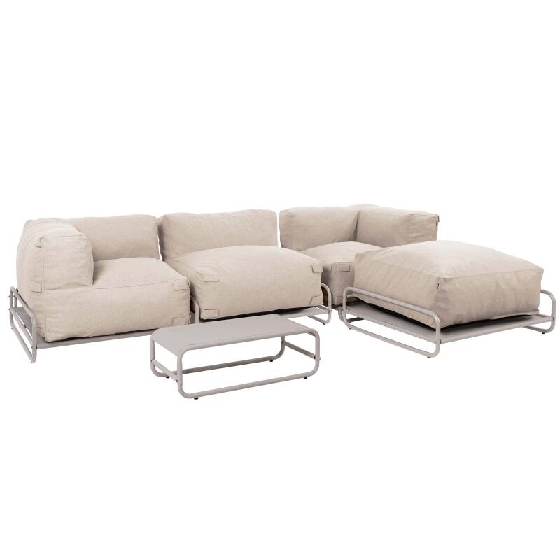 Divano modulare da esterno 4 posti con struttura, 1 poltrona, 2 poltrone angolari, 1 pouf e 1 tavolino piccolo 