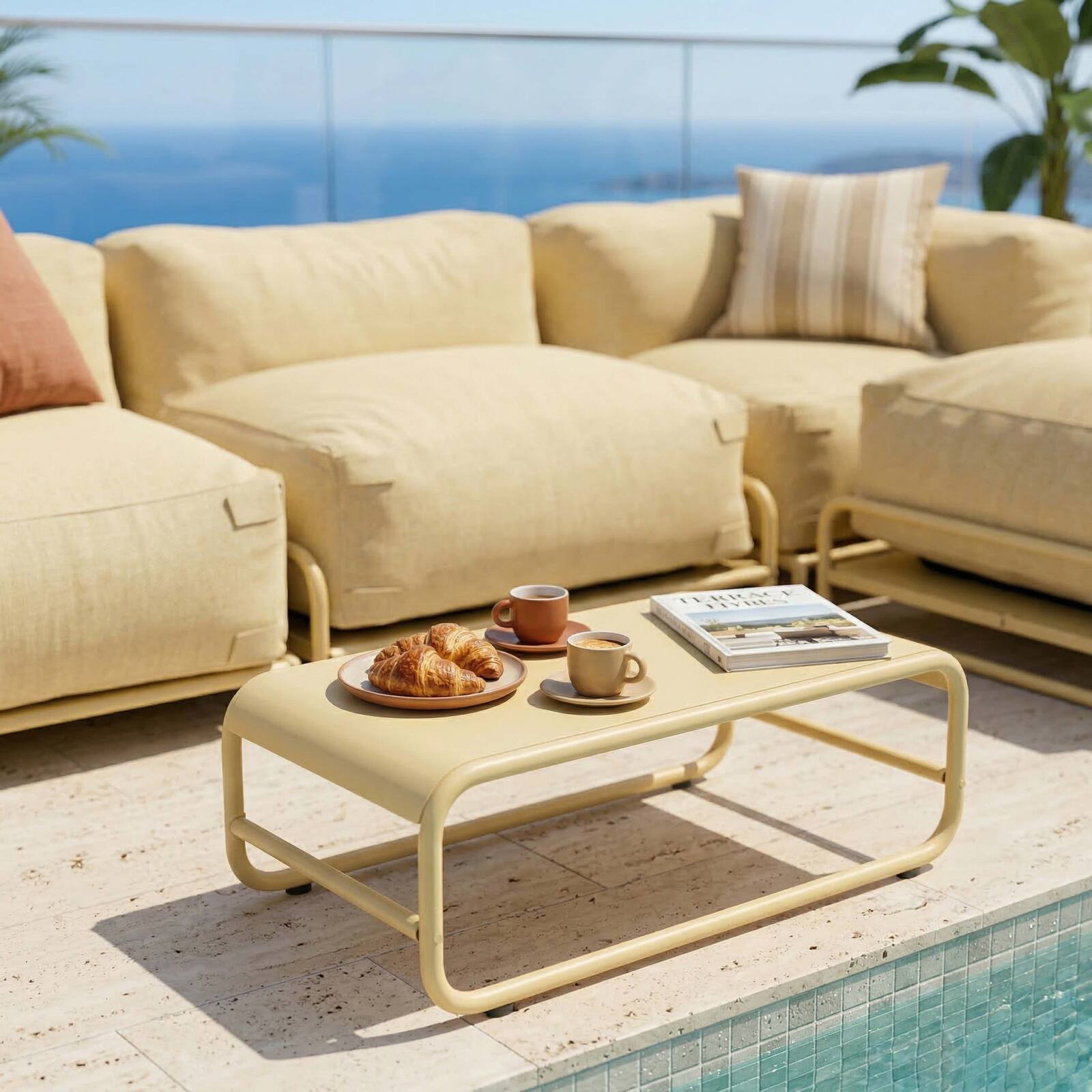 Divano modulare da esterno 4 posti con struttura, 1 poltrona, 2 poltrone angolari, 1 pouf e 1 tavolino piccolo 