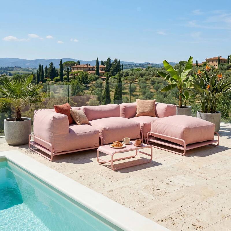 Divano modulare da esterno 4 posti con struttura, 1 poltrona, 2 poltrone angolari, 1 pouf e 1 tavolino piccolo 