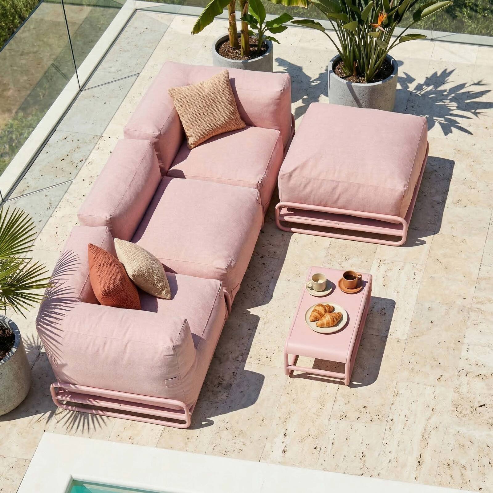 Divano modulare da esterno 4 posti con struttura, 1 poltrona, 2 poltrone angolari, 1 pouf e 1 tavolino piccolo 