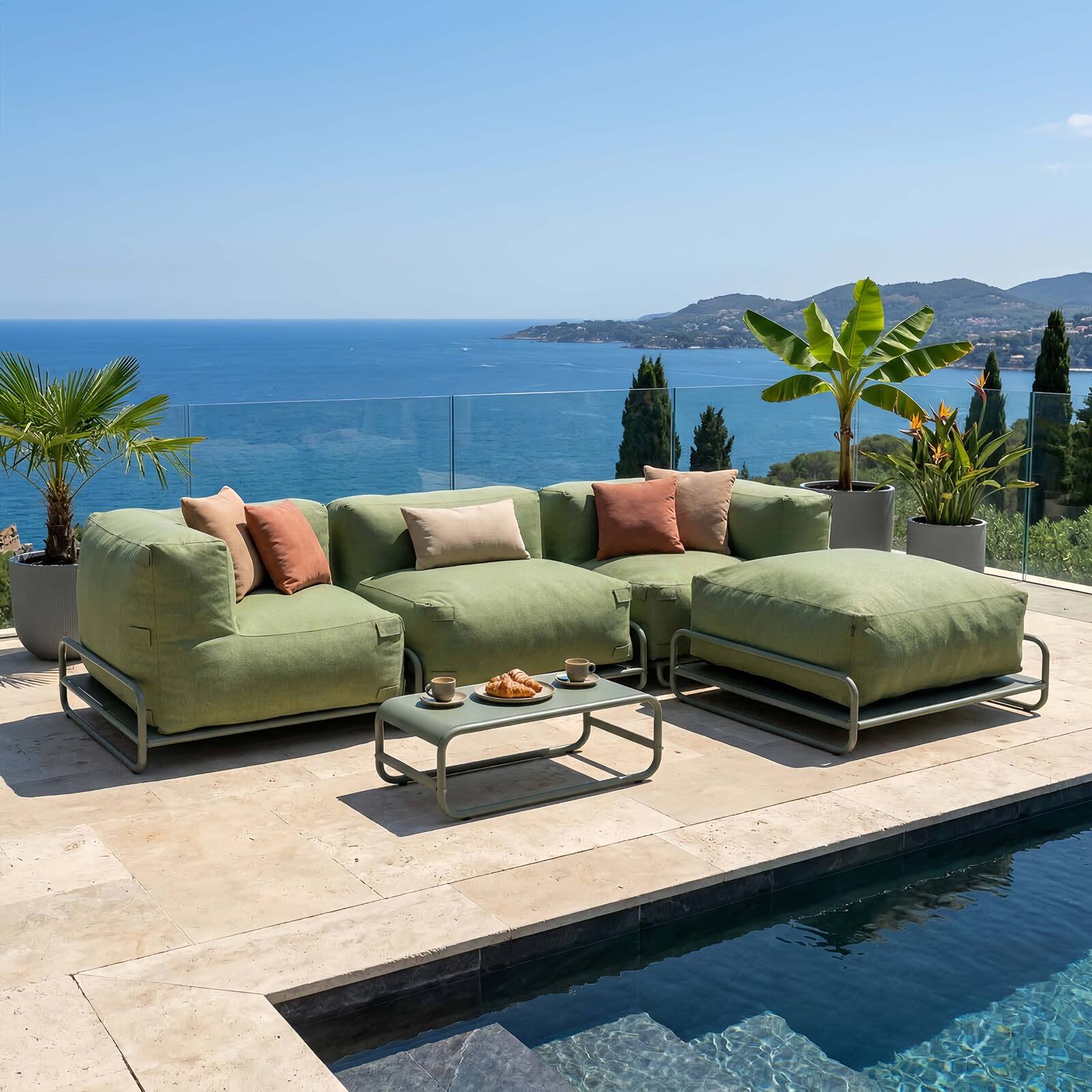 Divano modulare da esterno 4 posti con struttura, 1 poltrona, 2 poltrone angolari, 1 pouf e 1 tavolino piccolo 