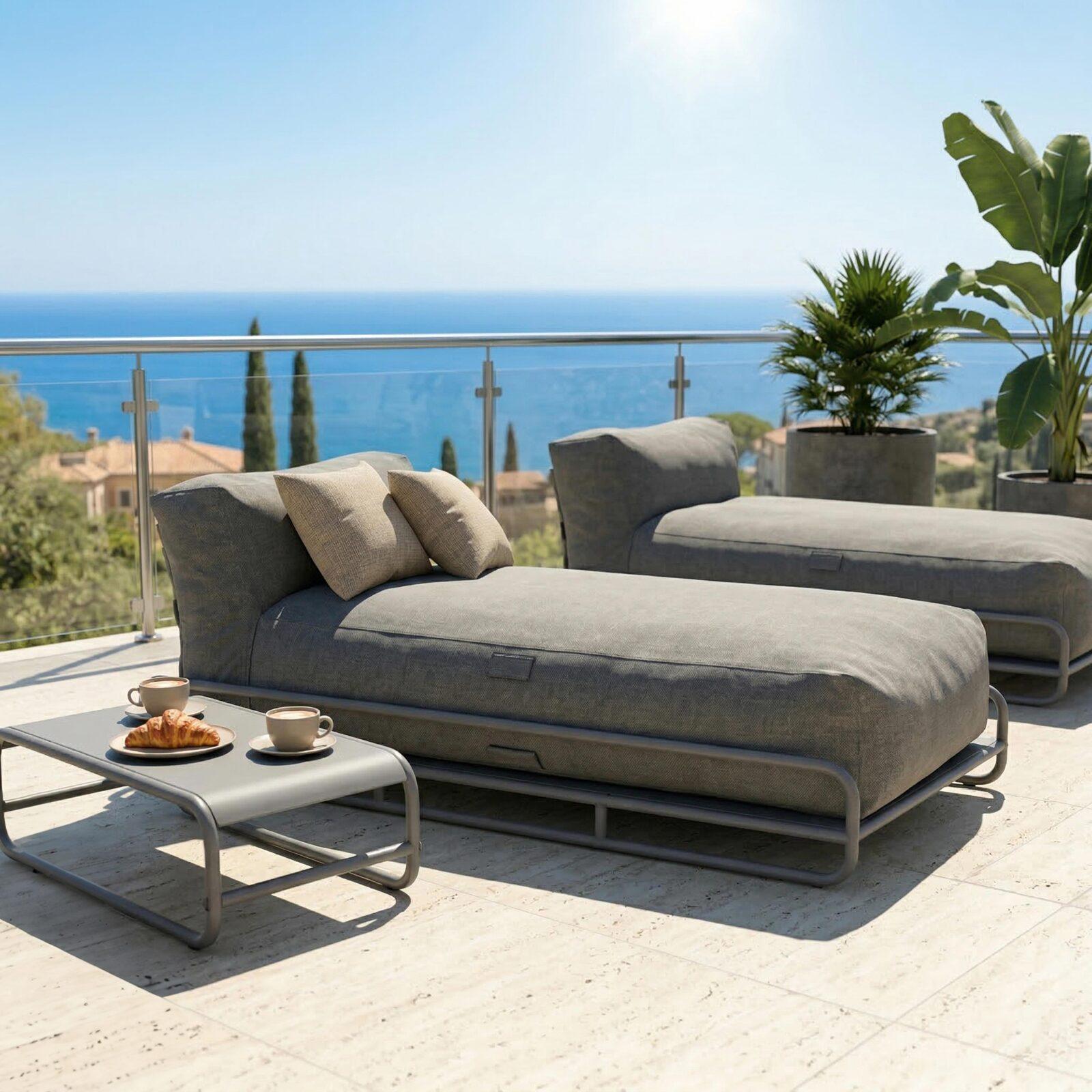 Divano modulare da esterno a 2 posti con struttura, 2 chaise longue e tavolino