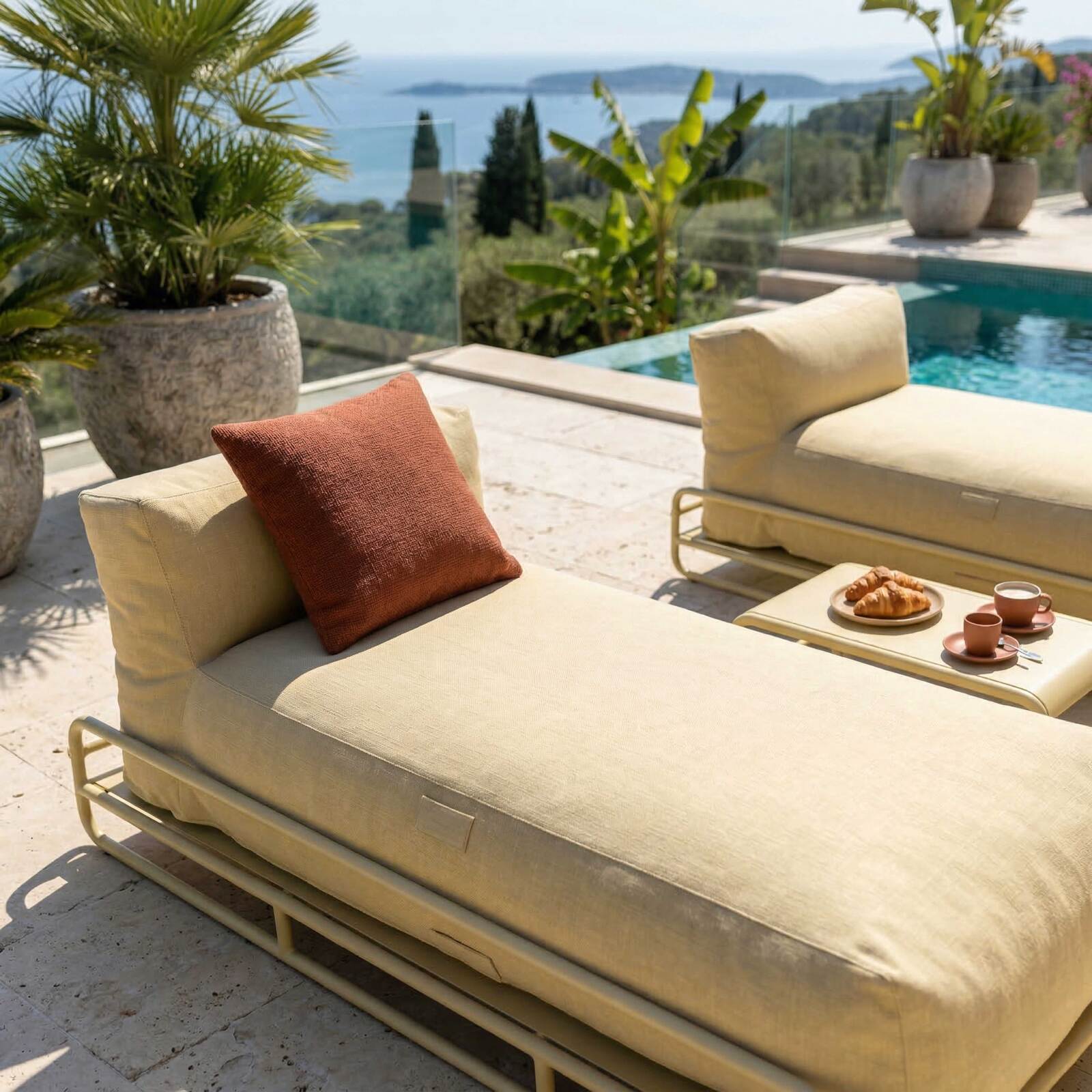 Divano modulare da esterno a 2 posti con struttura, 2 chaise longue e tavolino