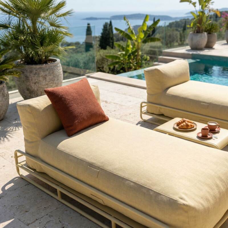 Divano modulare da esterno a 2 posti con struttura, 2 chaise longue e tavolino (3/7)