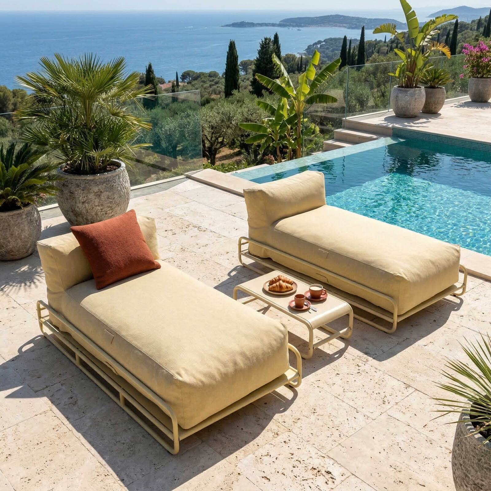 Divano modulare da esterno a 2 posti con struttura, 2 chaise longue e tavolino