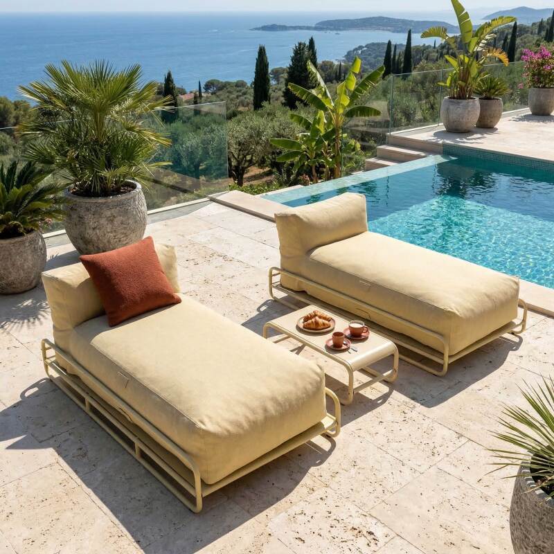 Divano modulare da esterno a 2 posti con struttura, 2 chaise longue e tavolino