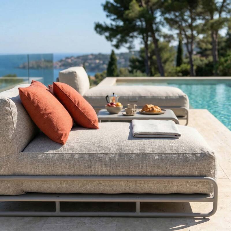 Divano modulare da esterno a 2 posti con struttura, 2 chaise longue e tavolino (2/7)