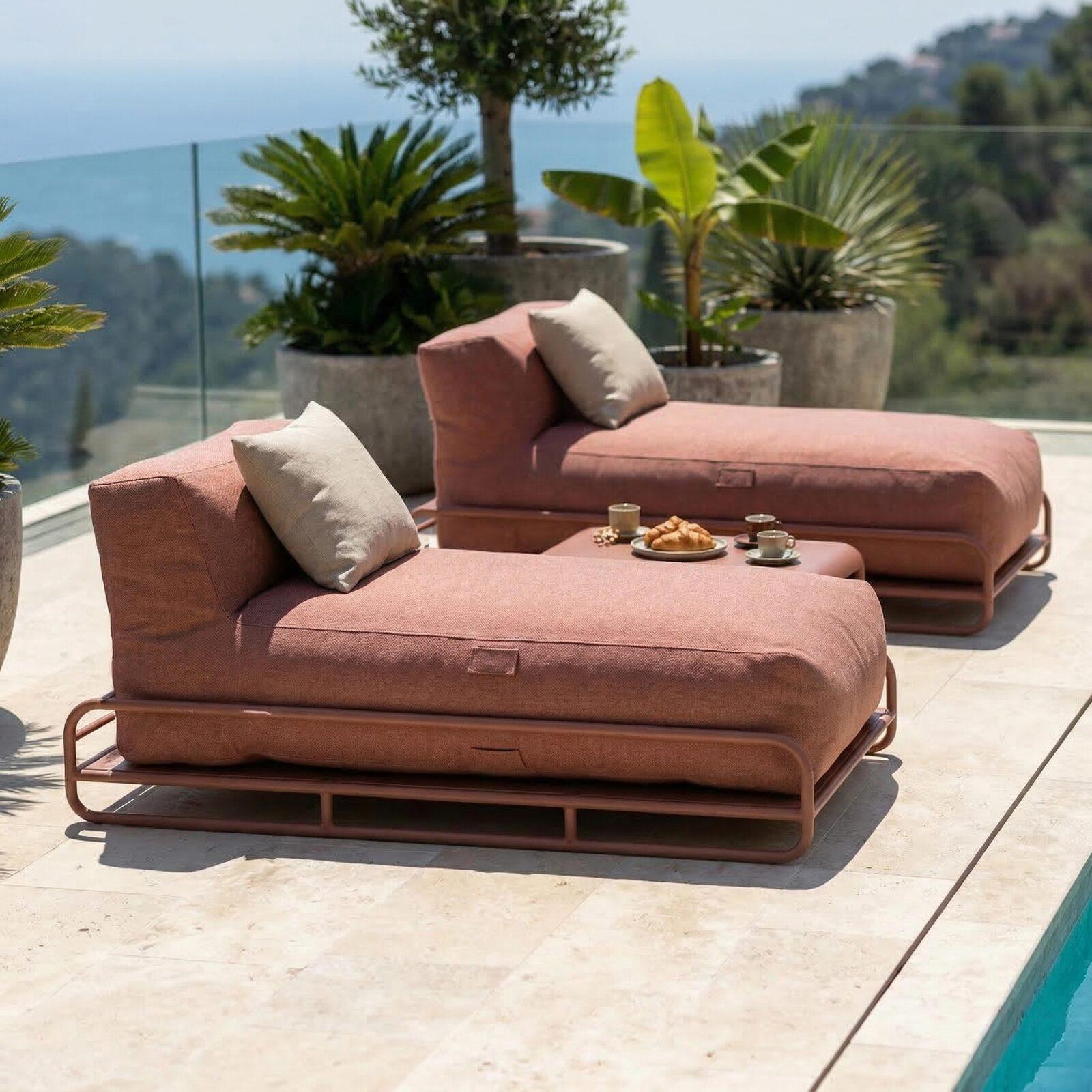 Divano modulare da esterno a 2 posti con struttura, 2 chaise longue e tavolino