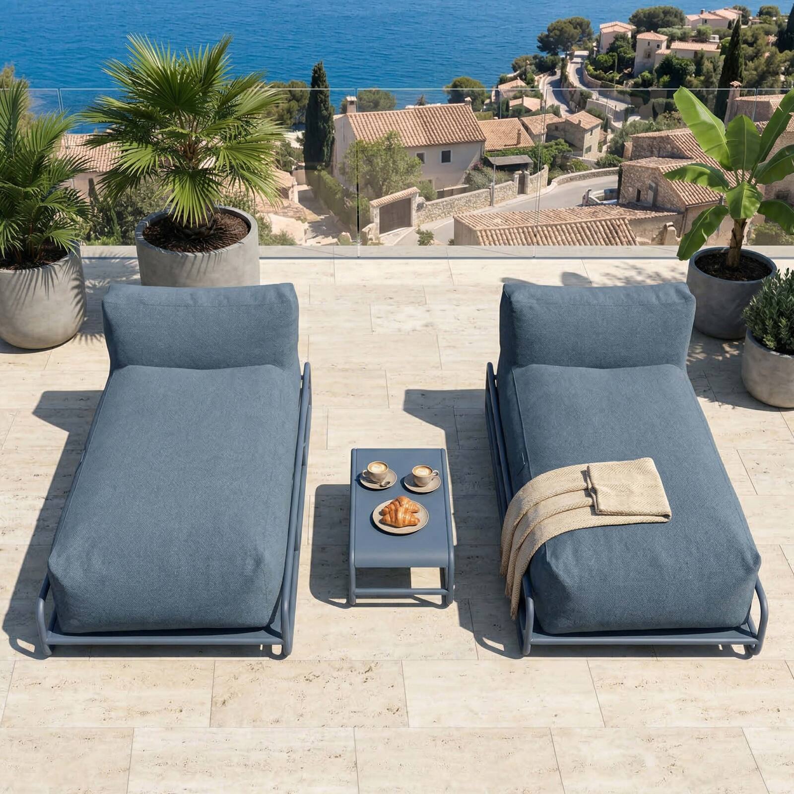 Divano modulare da esterno a 2 posti con struttura, 2 chaise longue e tavolino