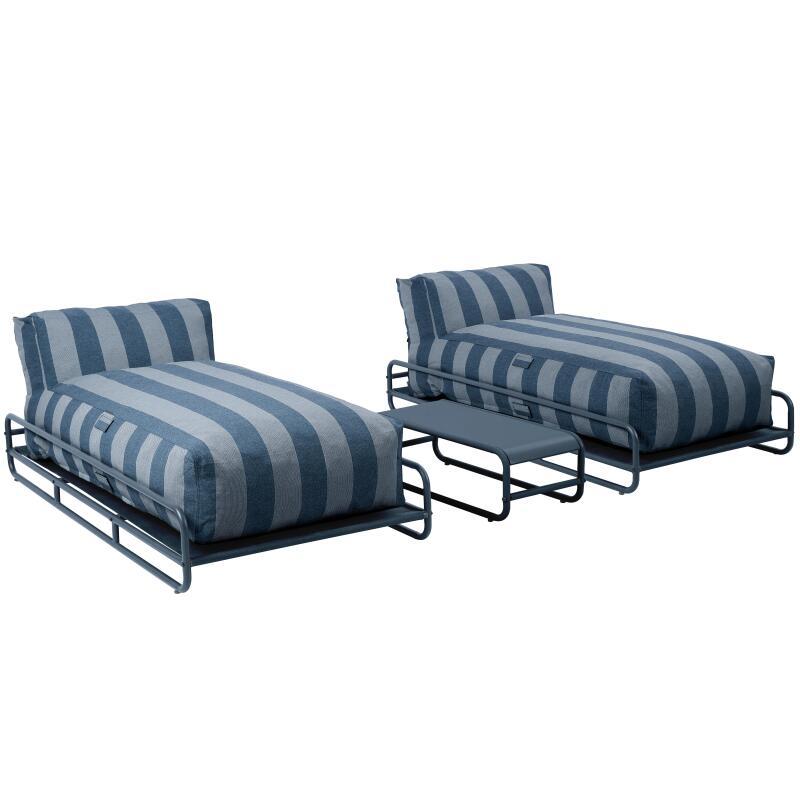 Divano modulare da esterno a 2 posti con struttura, 2 chaise longue a righe e tavolino
