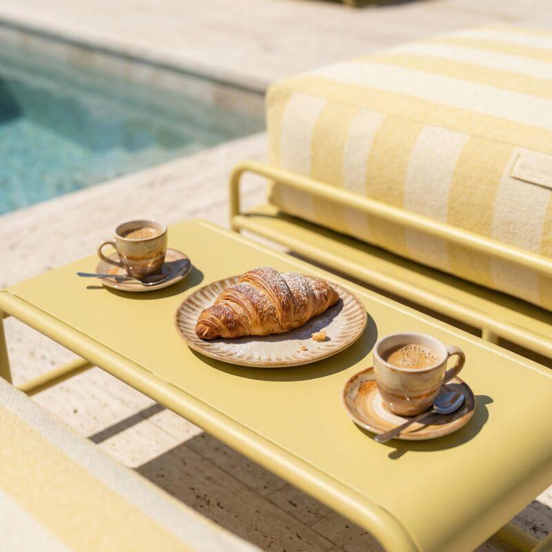 Divano modulare da esterno a 2 posti con struttura, 2 chaise longue a righe e tavolino (3/7)