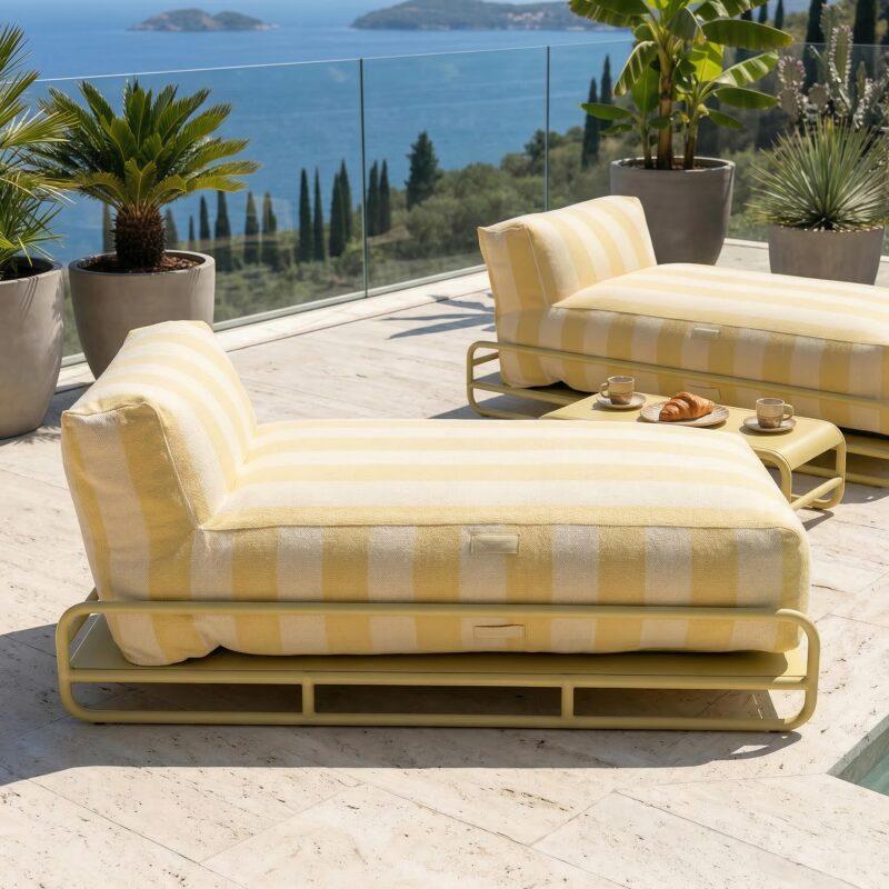 Divano modulare da esterno a 2 posti con struttura, 2 chaise longue a righe e tavolino (4/7)