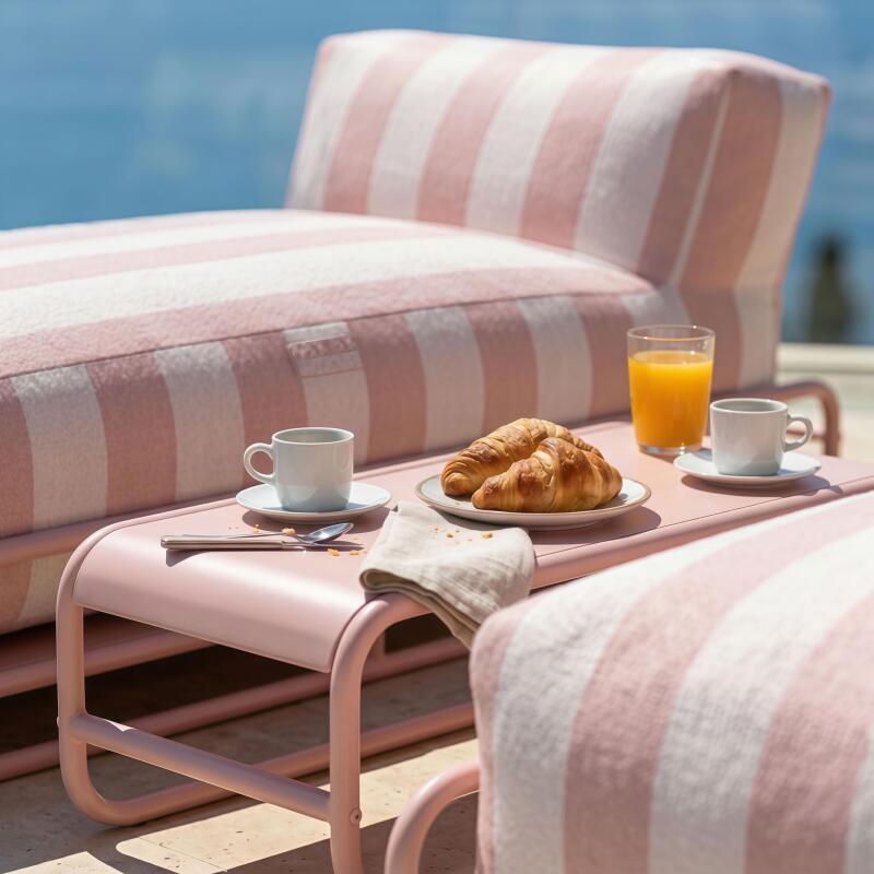 Divano modulare da esterno a 2 posti con struttura, 2 chaise longue a righe e tavolino (3/7)