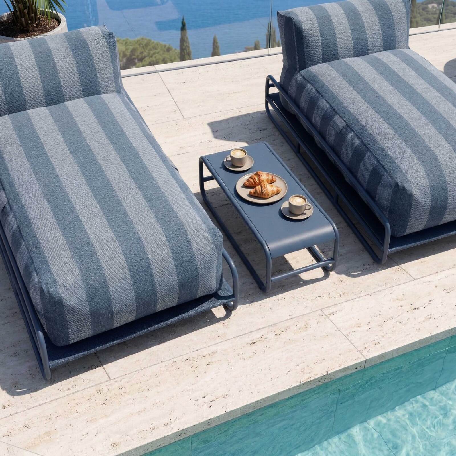 Divano modulare da esterno a 2 posti con struttura, 2 chaise longue a righe e tavolino