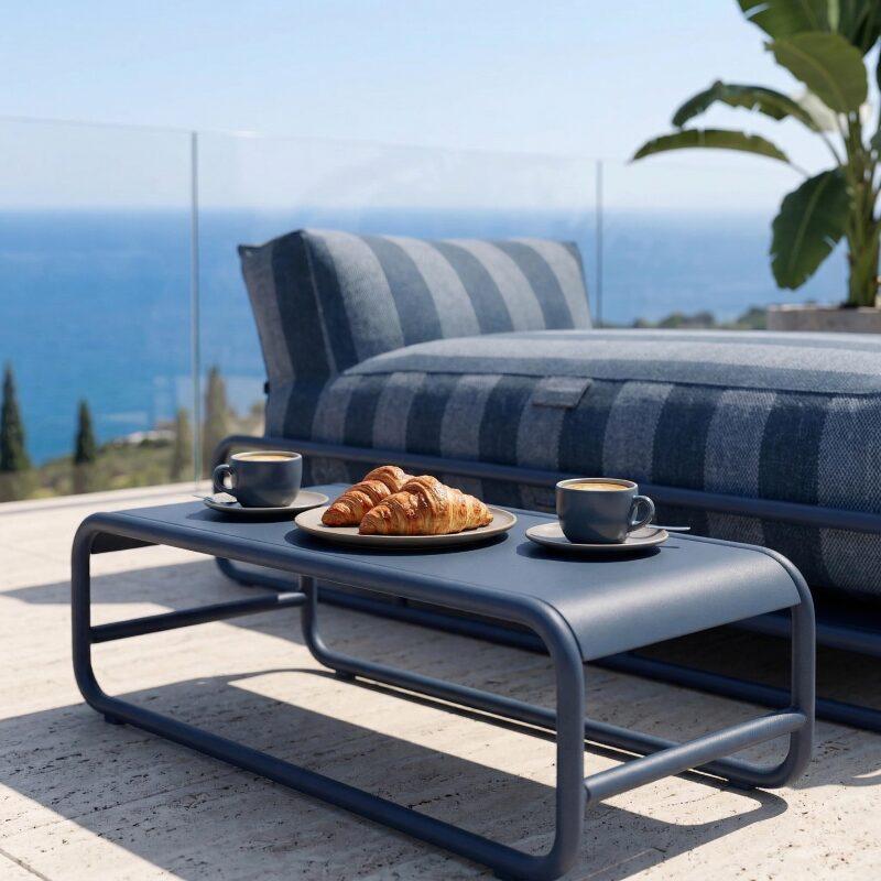 Divano modulare da esterno a 2 posti con struttura, 2 chaise longue a righe e tavolino (3/7)